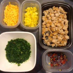 Grated cheddar, Chopped acorn squash, bread cubes, (frozen) spinach, roasted veggies chopped